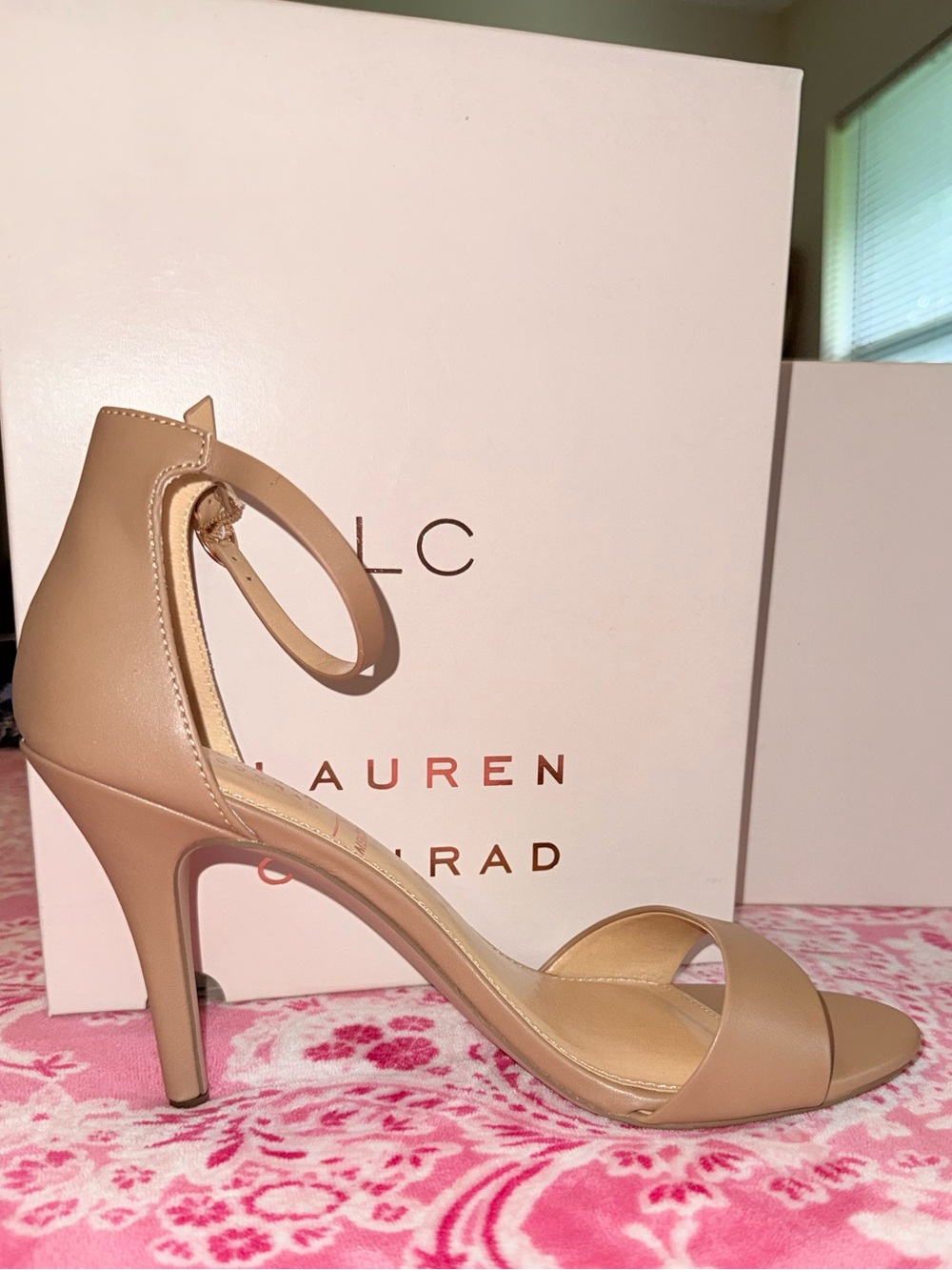 LC Lauren Conrad Beige Ankle-Strap Stiletto Sandal